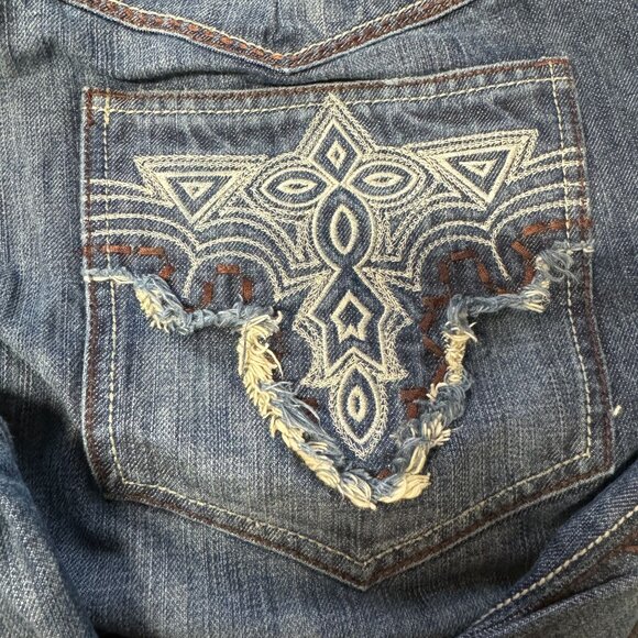 Antik Jeans Mens 33 Actual 34x30 Embroidered Pocket Brown Stitching Button Fly - Picture 12 of 14